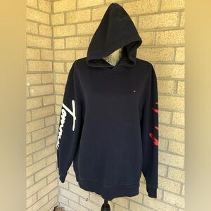 Tommy Hilfiger Soft Classic Navy Blue Hoodie White Red Cursive Logo Sleeve Decal